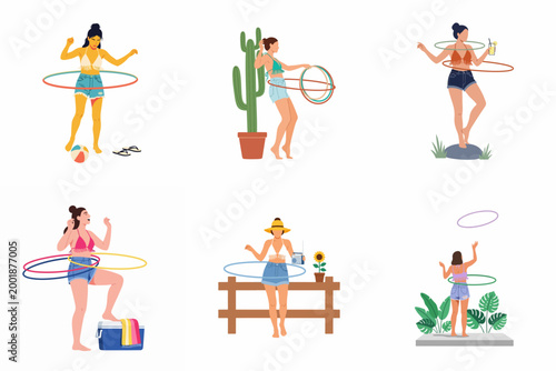 Set of flat vector illustrations featuring diverse women enjoying hula hooping in various outdoor summer settings.