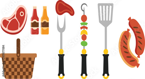 Clean Flat Style BBQ Picnic Element Set with Steak, Sausage, Kebab, Fork, Spatula, Sauce Bottles, and Wicker Basket for Outdoor Food Designs.