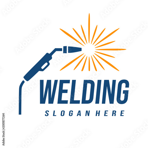 Modern Welding Logo with Blue Torch Silhouette and Orange Spark for Industrial Metal Fabrication and Repair Service Branding Vector Illustration