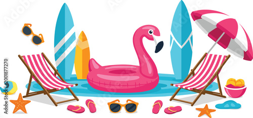 Summer Beach Scene with Flamingo Float, Surfboards, Deck Chairs and Umbrella, Colorful Vacation Illustration for Travel, Holiday, Resort and Leisure Design