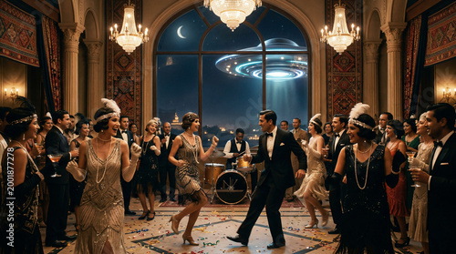 A group of elegant flappers from the roaring twenties dancing at a party, while a UFO hovers directly outside the ballroom window