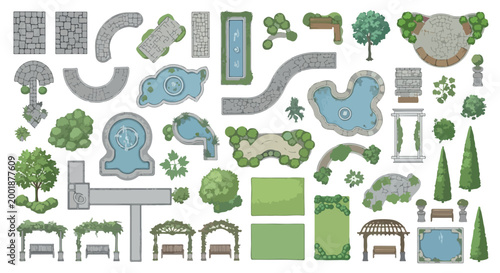 Landscape design elements vector set, garden architecture icons with stone paths and ponds, outdoor park planning kit with trees and gazebos