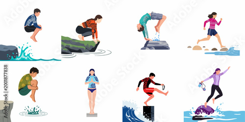 Vector Illustration Set of People Enjoying Outdoor Water Activities, Jumping into the Ocean, Diving from Cliffs, and Running on the Shoreline