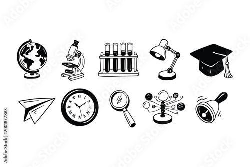 Hand drawn black and white education icons: globe, microscope, test tubes, lamp, graduation cap, paper airplane, wall clock, magnifying glass, solar system model, and school bel