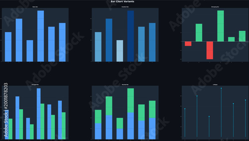 Modern set of colorful bar chart variants and business infographic elements for financial data analysis and presentation