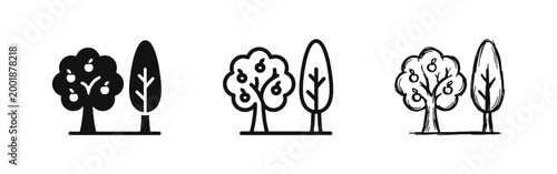 Tree Species Icon Set with Fruit and Cypress Trees