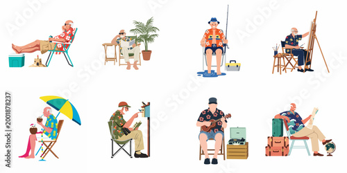 Set of illustrations featuring senior men enjoying diverse retirement activities including fishing, painting, traveling, and relaxing on vacation in a flat design style.