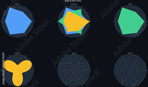Set of ten colorful radar and polar charts for data visualization and business infographics on white background