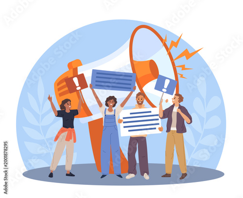 Youth street protest. Public demonstration of disagreement with system, people group with placards and megaphone, protester movement, shout in loudspeaker vector cartoon isolated concept