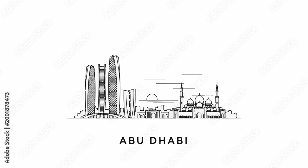 Fototapeta premium Minimalist line drawing of the Abu Dhabi skyline with skyscrapers and a mosque