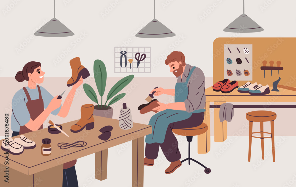 Fototapeta premium Shoe workshop. Craftsmen repair and create footwear, boots sewing, polishing, people in aprons pierce skin, glue soles, professionals artisan work, garish vector cartoon isolated concept