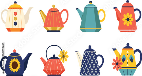 Colorful Teapot Collection Featuring Modern and Decorative Kettles with Geometric and Floral Designs in Flat Style for Kitchen, Cafe, and Beverage Illustration Projects.