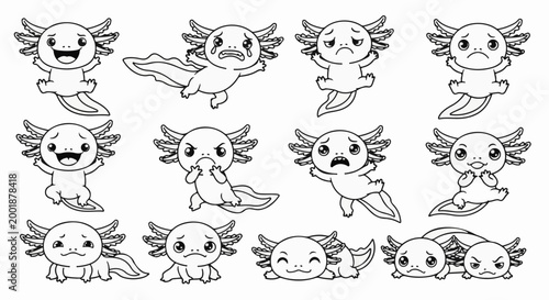 Cute axolotl characters displaying a range of emotions in a cartoonish style