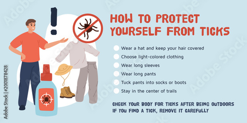 Tick safety. Instructions for prevention and protection against parasitic insects in nature, carriers of diseases recommendation, infographics banner design garish vector cartoon concept