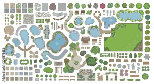 Landscape design elements kit, architectural garden plan symbols for site mapping, outdoor park and backyard vector icons for site planning