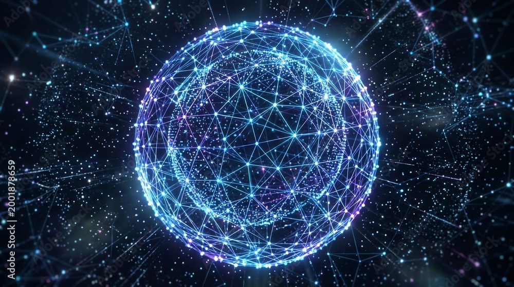 Obraz premium A glowing blue and purple network sphere floats in a dark space filled with sparkling stars and lines.
