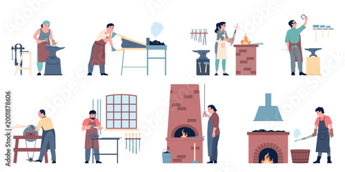 Blacksmith workers. People working in forge, craftsman work with metal and steel. Men using hammer, bellows, tongs, fire. Flat recent vector characters