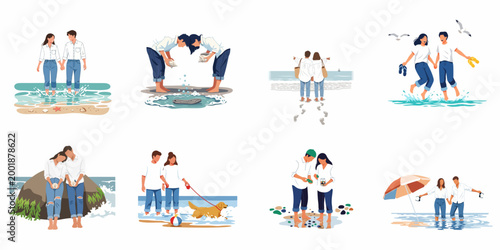 Flat illustrations of a young couple enjoying romantic activities and fun moments on a summer beach vacation across eight different scenes.