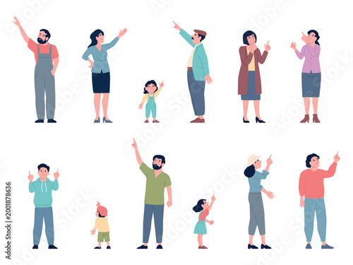People point upwards. Men women children point up. Adults kids looking with interest and curiosity, studying something up above, recent vector characters