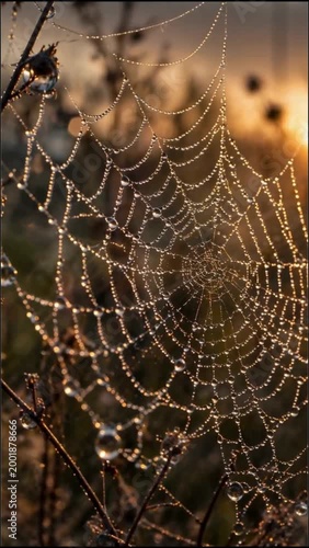 Spider web covered in dew at sunrise in nature  
