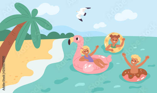 Kids on beach. Children splashing in water near shore, summer holidays, safety measures, inflatable circles, swimming, Tropical vacation scene on seaside garish vector cartoon flat concept
