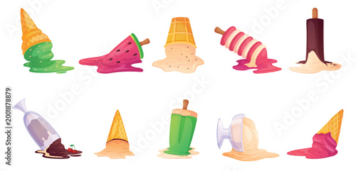 Falling ice cream. Soft sweet ice cream balls and popsicles fall down and melting on floor. Tasty chocolate ans vanilla, fruits desserts, nowaday vector clipart