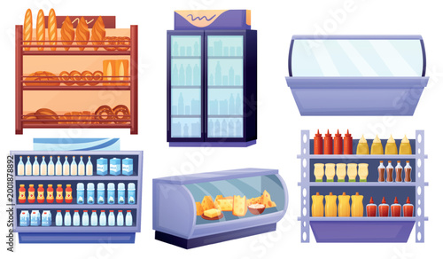 Cartoon supermarket shelves. Grocery store furniture, shelf with bread and buns, sauces, fridges with dairy, cheese, creams, nowaday vector clipart