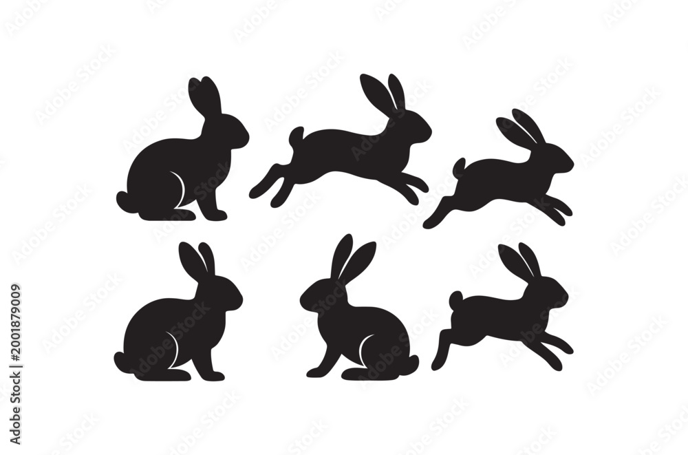 Obraz premium Six black rabbit silhouettes in various poses are arranged in a symmetrical pattern