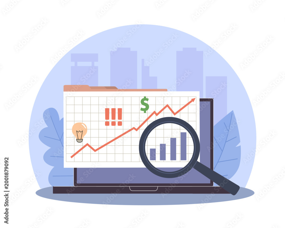 Obraz premium Data analysis. Histogram, growth charts on laptop screen, business development, strategic planning and tracking and indicators for presentation, data review, vector cartoon isolated concept