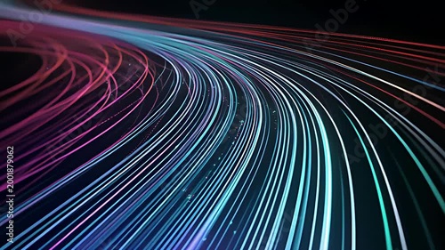 Digital stream of data travelling on high speed through curved glowing network lines in the night. Modern technology background abstract animation concept.