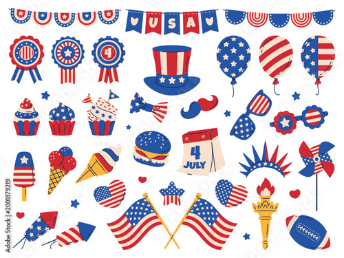 Cartoon usa independence day elements. Doodle style american july holiday items, colors of national flag, stars and stripes national pattern. Festive celebration fireworks, classy vector set