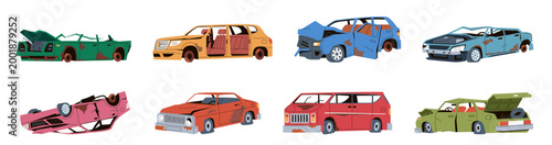 Car metal scrap. Old, rust and broken automobiles without wheels, abandoned, crashed dirty vehicles in accident, transport dump elements, nowaday vector cartoon isolated transportation set