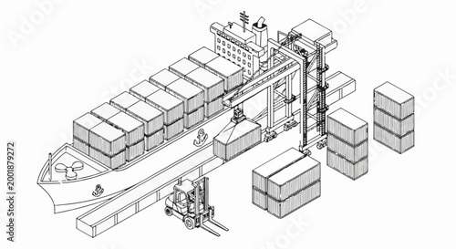 Isometric line drawing of cargo ship loading containers with a crane and forklift