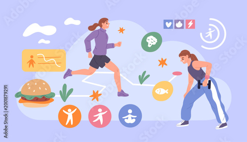 Calorie counting application. Improving body and life quality, activity indicators, women train, individual wellness program symbols, garish vector cartoon nutrition infographic isolated concept