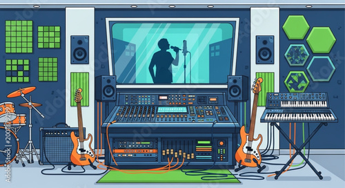 Music Studio with Electronic Equipment and Instruments.