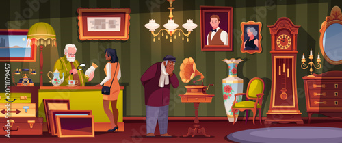 Antique shop visitors. People looking old things and vintage products, connoisseurs of things with history, retro goods, interior scene with customers tidy vector cartoon isolated concept