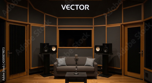 Modern Home Theater Room with Sofa and Surround Sound Speakers.