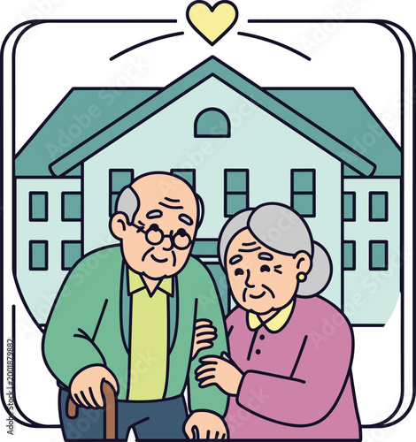 Elderly Couple Standing Together in Front of Retirement Home Building Symbolizing Senior Care Support and Assisted Living Concept