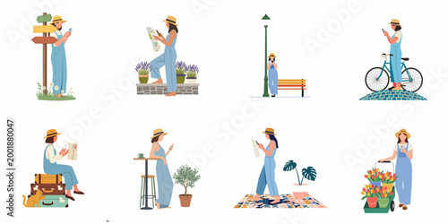 Vector illustration set featuring a young woman traveling, sightseeing, and using her mobile phone in various urban and rural settings.