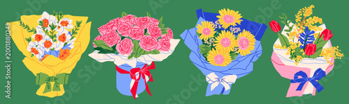 Beautiful Bouquets of Narcissus, Roses, Sunflowers, Tulips. Spring fresh flowers wrapped in gift paper with ribbon. Hand drawn trendy Vector illustration. Isolated design elements