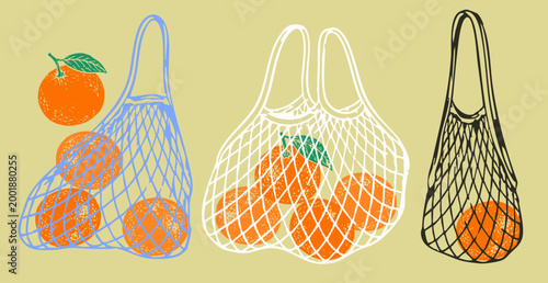 Delicious juicy orange tangerine mandarin satsuma fruit. Whole fruit in net bags set. Hand drawn trendy Vector illustration. Isolated design elements. Tasty, healthy food concept