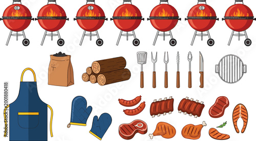 Comprehensive Flat Style BBQ Mega Collection with Multiple Grills, Apron, Glove, Firewood, Charcoal, Meat, Ribs, Salmon, and Utensils for Cookout Designs.