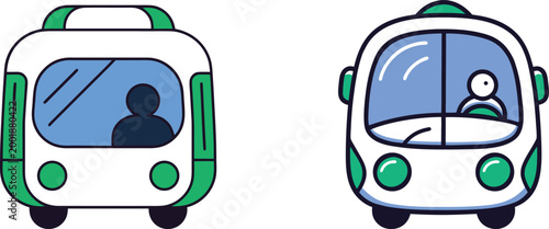 Cartoon bus transportation icons with driver character for public transit system concept isolated on transparent background.