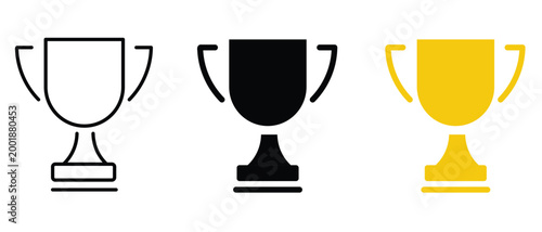 Outline solid black and gold trophy cup icons for reward and achievement in sports.