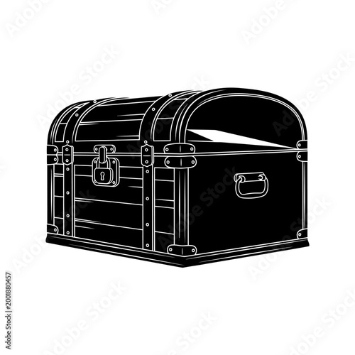 Antique wooden treasure chest with metal accents and open lid.