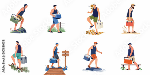 Set of diverse men carrying portable coolers in various outdoor summer scenarios, ideal for camping, picnic, and travel themes, isolated vector illustration.