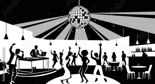 Nightclub Dance Floor Scene with People and Disco Ball.