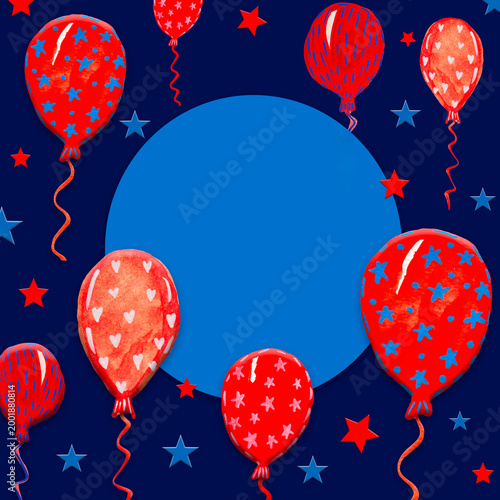 Festive patriotic greeting card or party invitation template with hand painted watercolor balloons,stars and copy space for Independence Day, Memorial Day, Labor Day and American holiday events. 