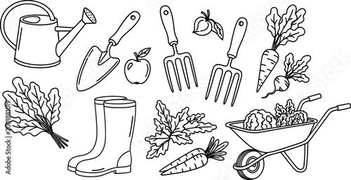 Gardening tools silhouette a sketch of essential equipment for yard work