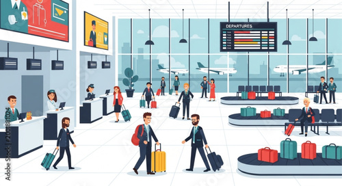 Modern Airport Terminal Interior with Passengers and Check-in Counters.